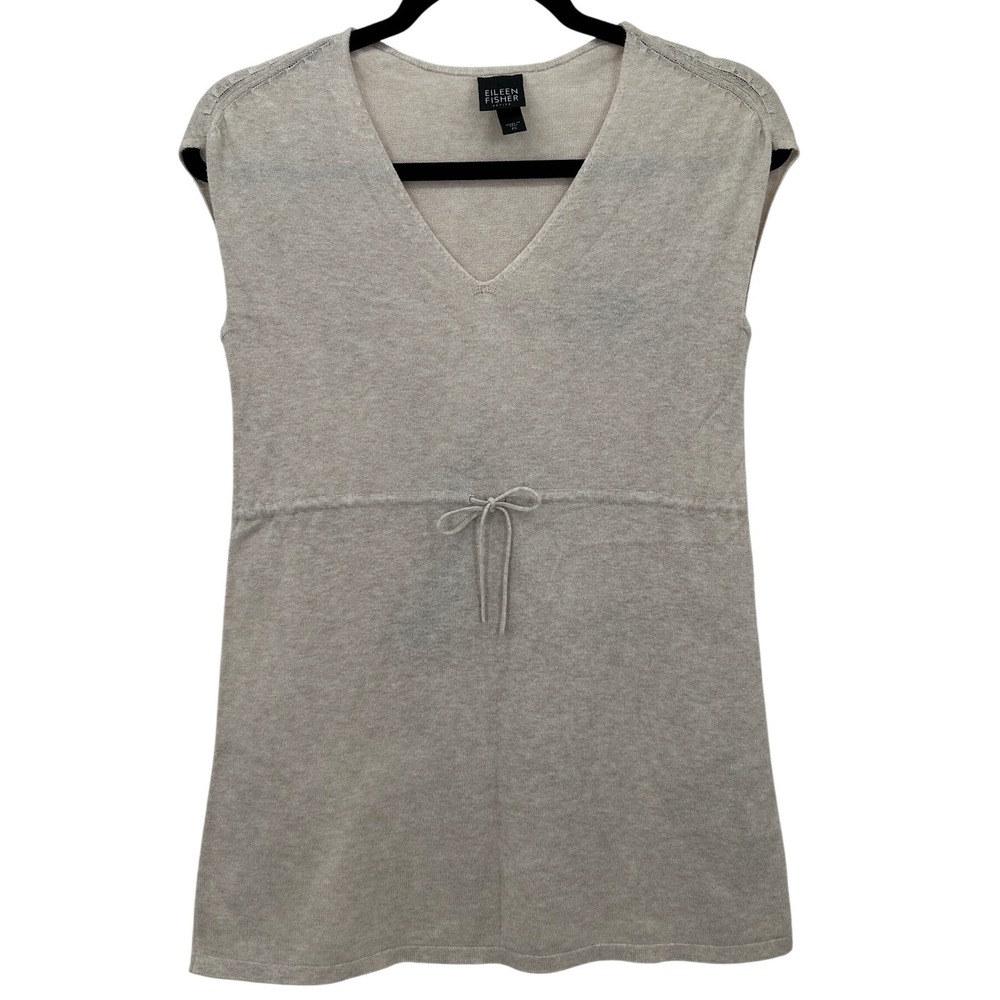 Eileen Fisher Petite Beige V Neck Cap Sleeve Drawstring Organic Cotton PS Shirt‎